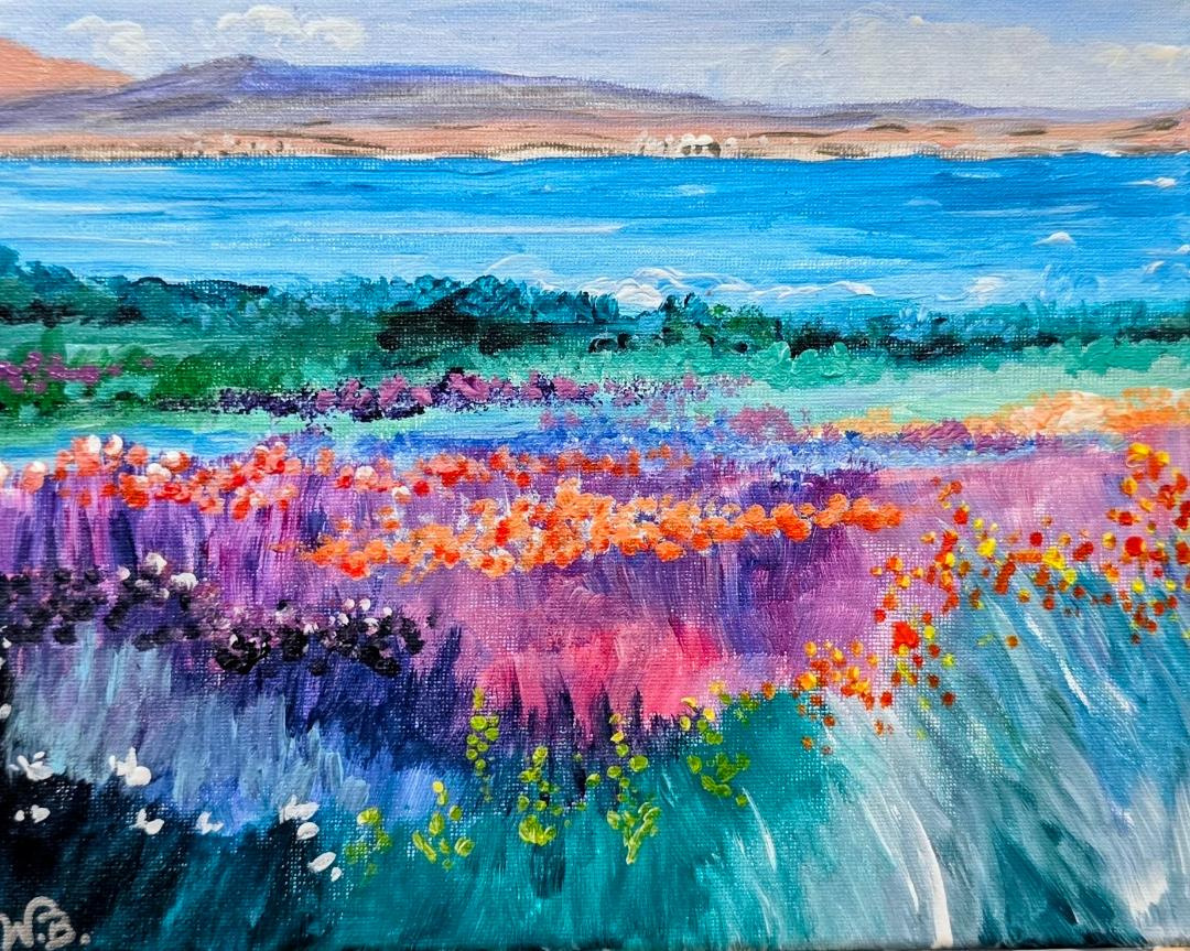 Acrylic painting of a wildflower field in purple and orange before a blue lake and distant hills, signed W.B.