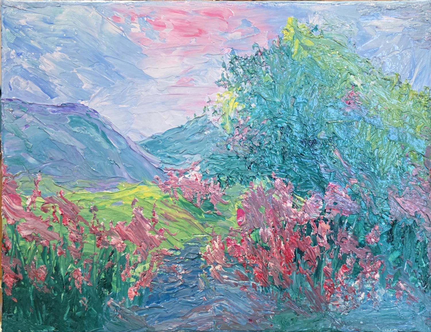 Impasto acrylic of a flowering pink bank and a teal tree beside a path, a violet hill under a rose sky, painted with a palette knife