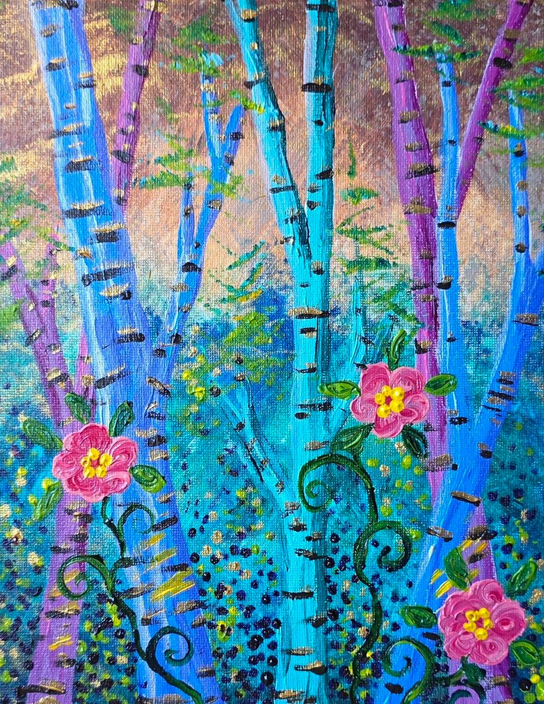 Acrylic painting of turquoise and violet birch trunks with pink wild roses and gold in the bark