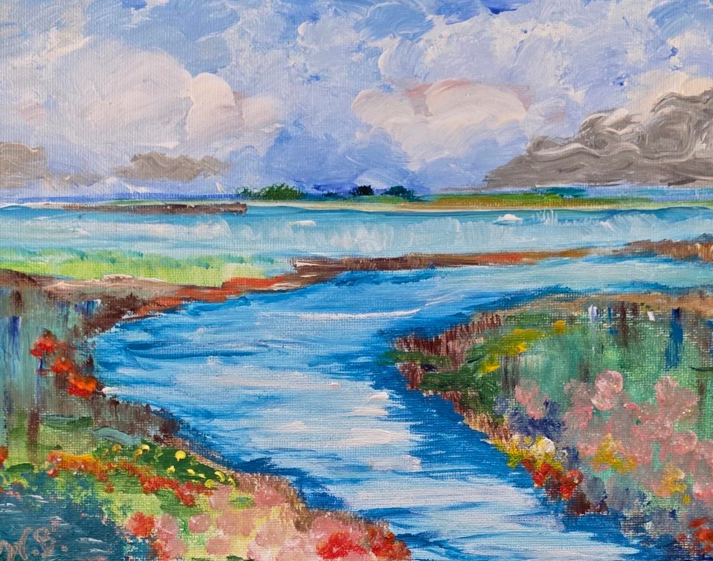Acrylic painting of a blue tidal inlet through marsh grass, wildflowers on both banks, signed W.B.