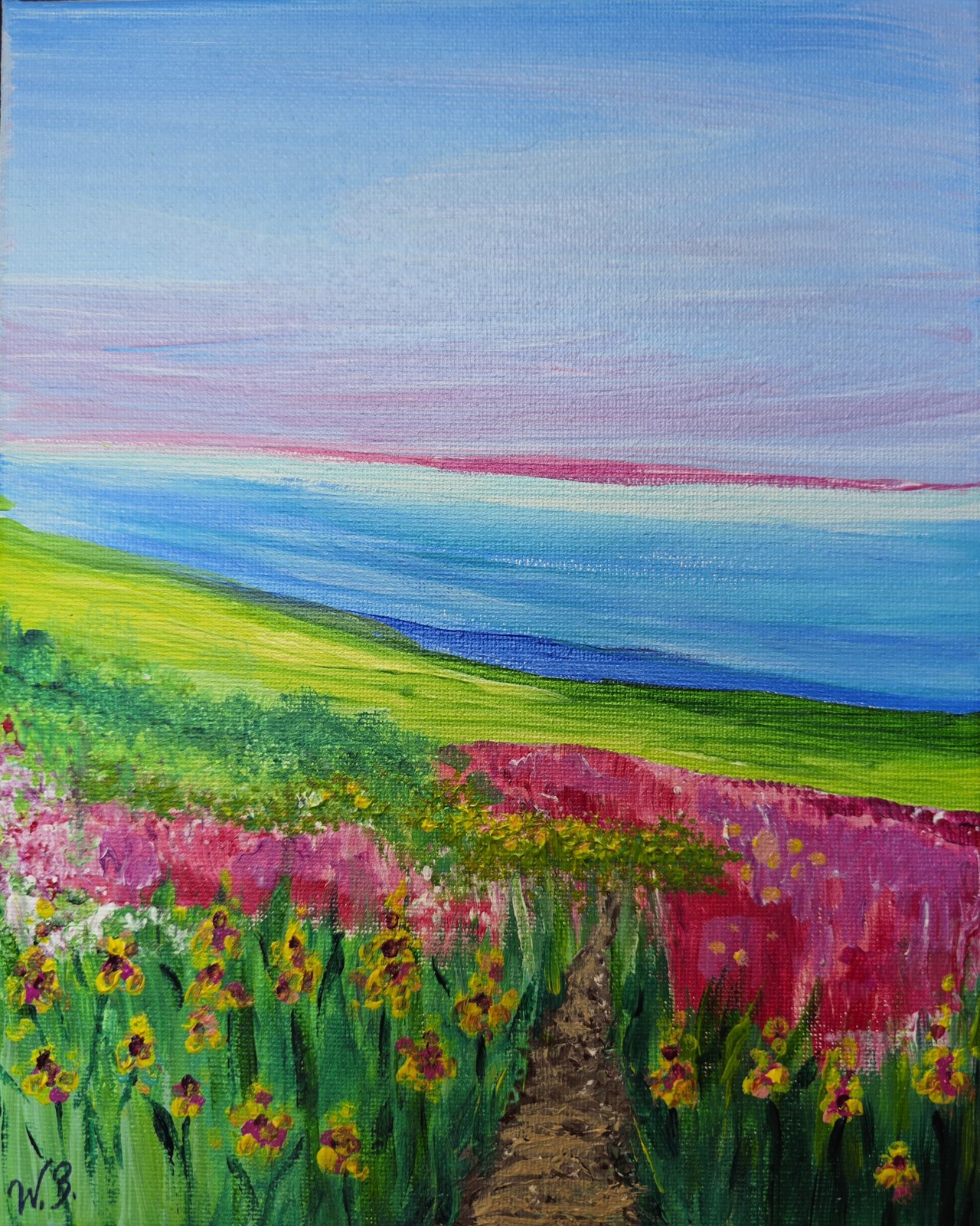 Acrylic painting of a dirt path through yellow and magenta irises toward a pink field, green hills, and blue water under a rose horizon, signed W.B.