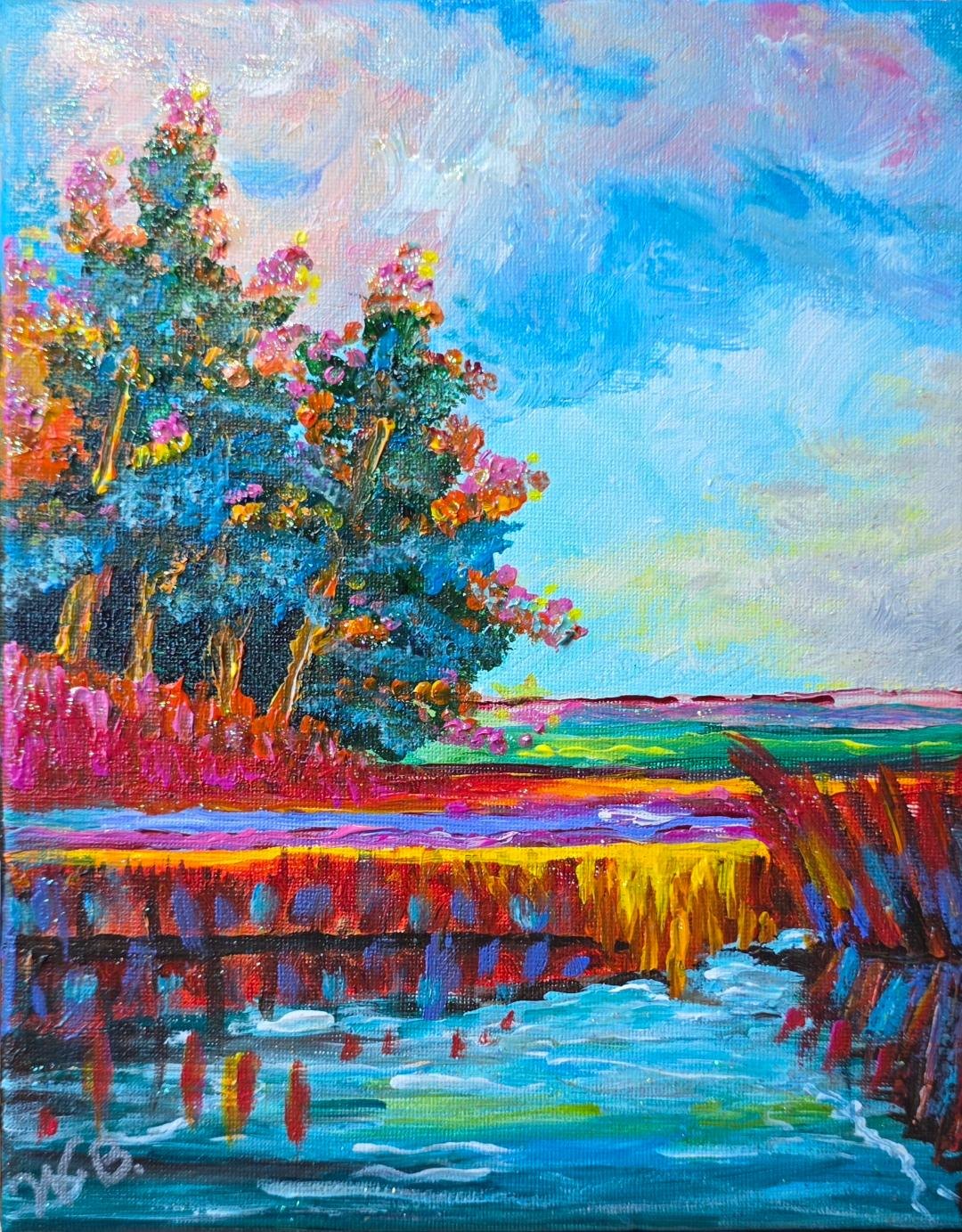 Acrylic painting of jeweled trees in bloom beside a creek, signed W.B., crape myrtle in pink and gold over jewel-green water