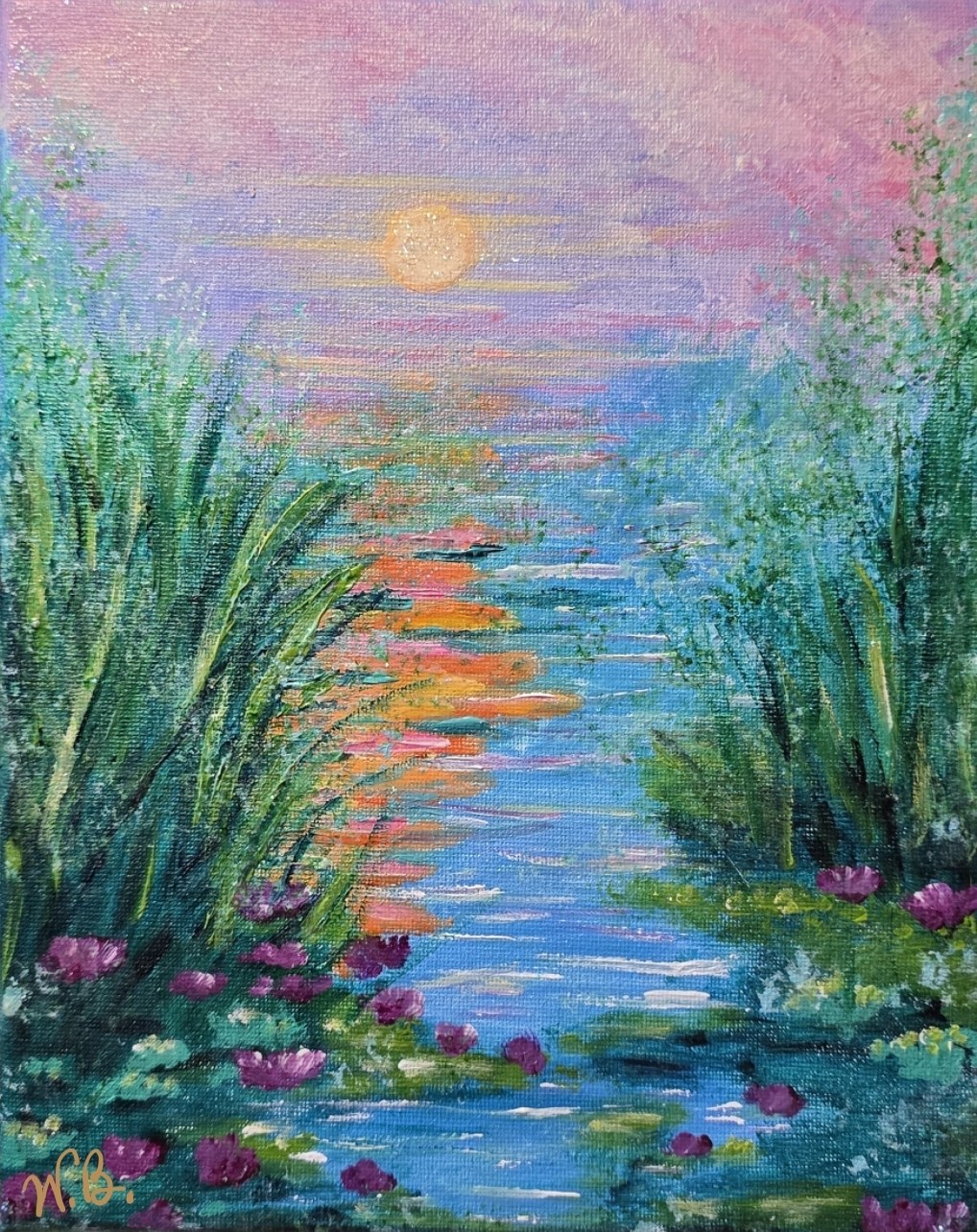 Acrylic painting of a lily-lined channel at sundown, reeds on both banks, a gold sun in a pink sky, signed W.B.