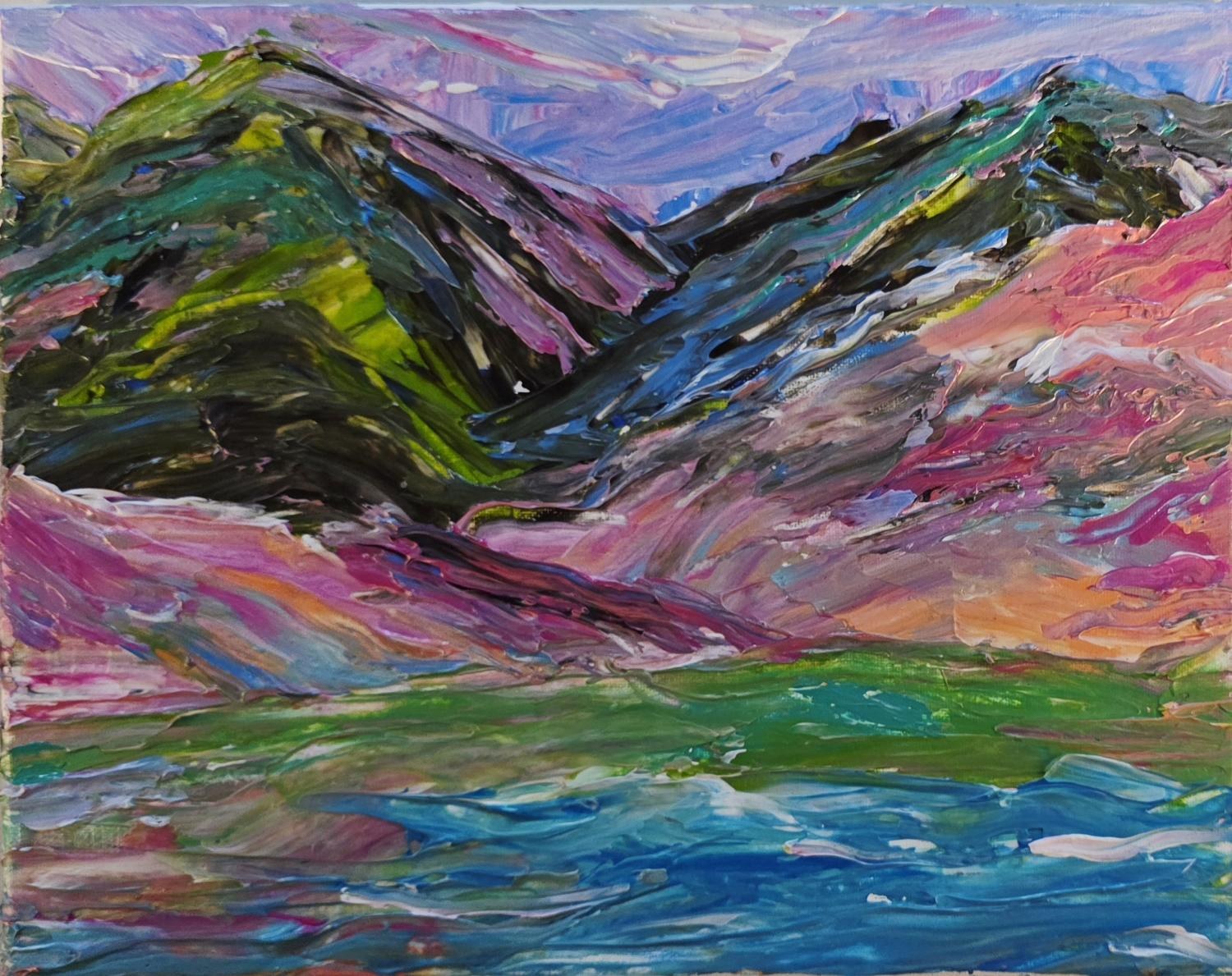 Impasto acrylic of two mountain ridges meeting in a V, magenta and green slopes above a green bank and blue water, painted with a palette knife
