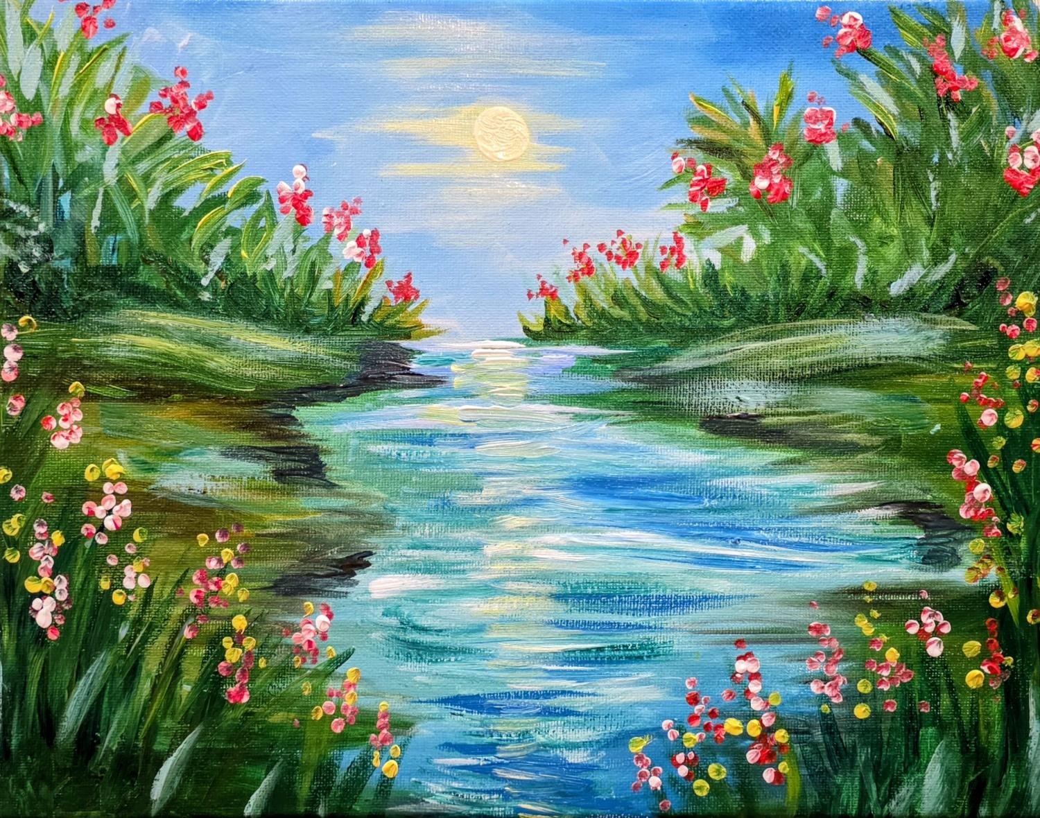 Acrylic painting of a creek under a pale moon, red flowers on the banks and pink and yellow blossoms in the near grass