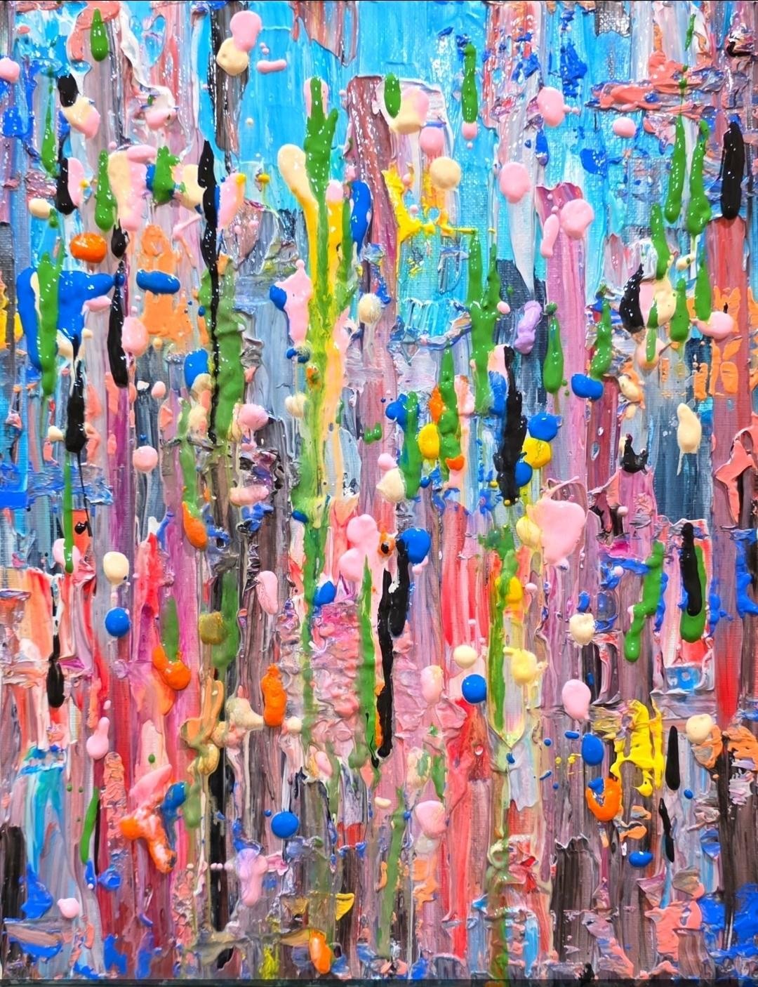 People Party, impasto acrylic of candy-colored drips and dots