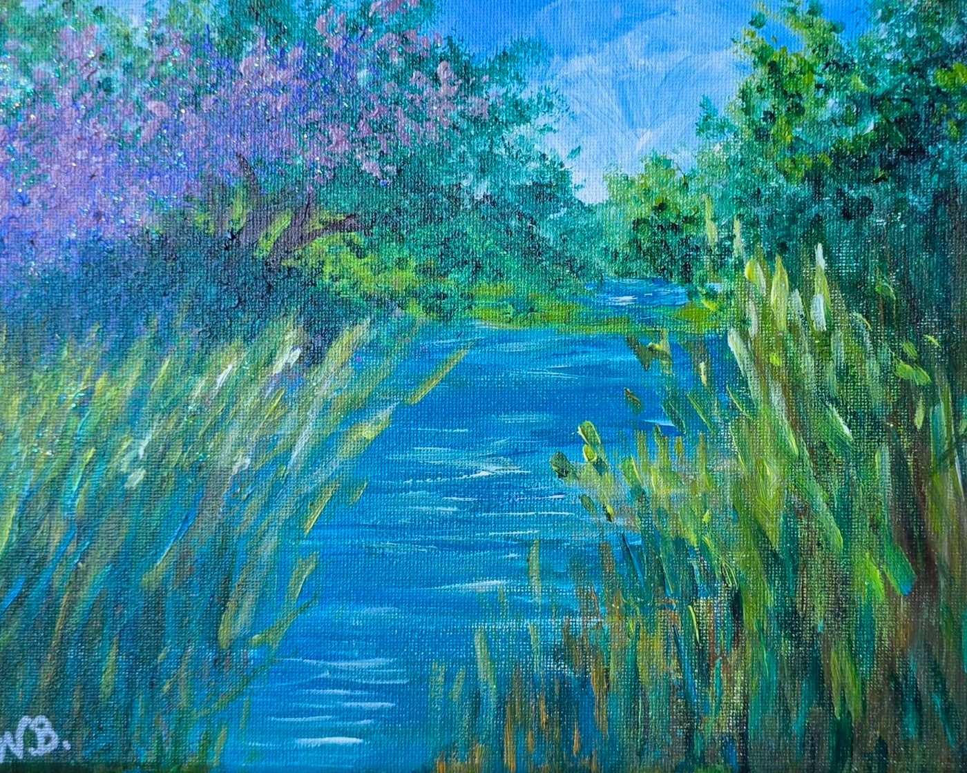 Acrylic painting of a blue creek through summer grass, a flowering tree on the left bank, signed WB